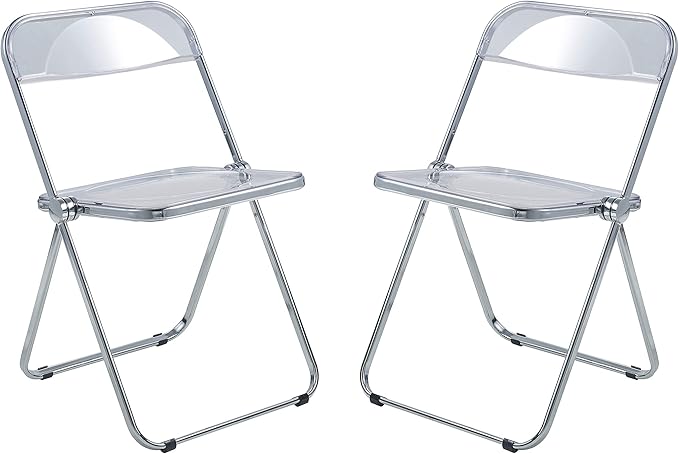 LeisureMod Lawrence Modern Clear Acrylic Folding Chair with Metal Frame, Space-Saving Transparent Seating for Dining Room, Home Office, Bedroom, Vanity or Small Spaces, (Clear, Set of 2)