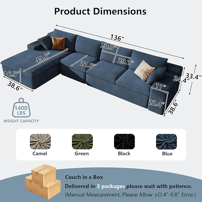 136" Cloud Sectional Couch with L-Shape Chaise, Modern Corduroy Viral Boneless Sofa for Living Room,Memory Foam Couches in a Box with Deep Seat,No Assembly Required (Blue,Left-Facing Chaise)