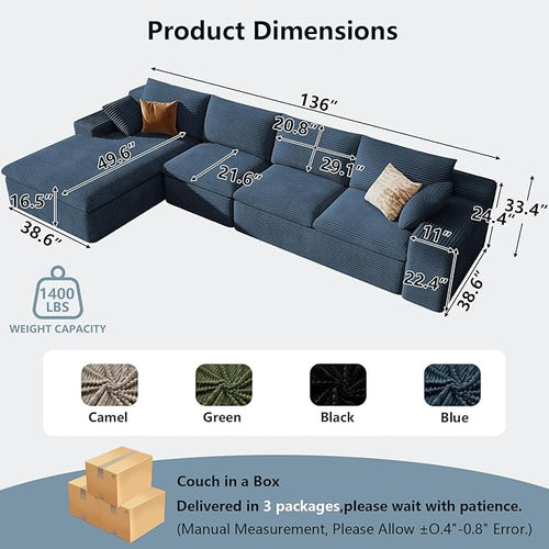 136" Cloud Sectional Couch with L-Shape Chaise, Modern Corduroy Viral Boneless Sofa for Living Room,Memory Foam Couches in a Box with Deep Seat,No Assembly Required (Blue,Left-Facing Chaise)