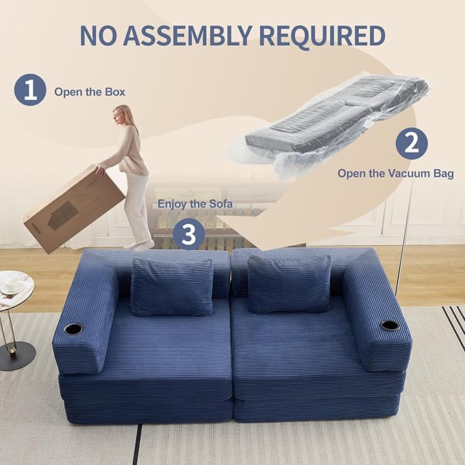 78" Loveseat Sleeper Sofa, 4 in 1 Convertible Floor Sofa Bed, Boneless Cloud Couch with Cup Holder, Fold Out Floor Couch for Living Room Bedroom Lounge, Corduroy, Navy Blue