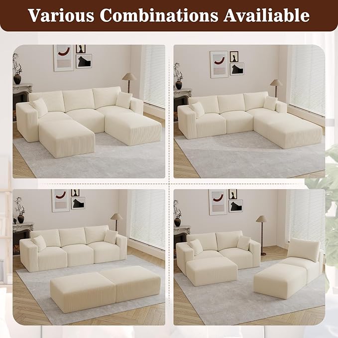 110" Modular Sectional Sofa, Cloud Couch U Shaped Memory Foam Boneless Couch with Ottoman, Cozy Upholstered Corduroy Floor Couch, No Assembly Required Living Room Furniture for Apartment, Beige