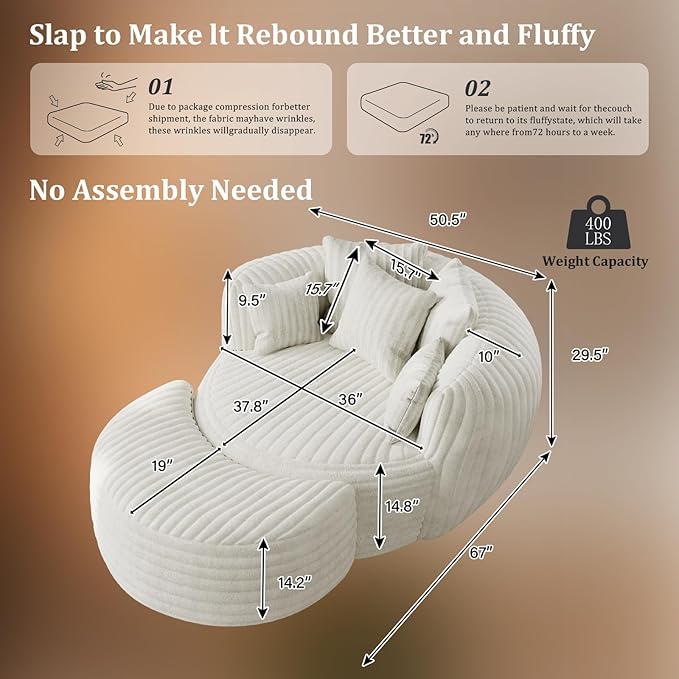 50" W Oversized Round Chaise Lounge Chair with Ottoman Indoor Boneless Plush Fluffy Corduroy Circle Couch Soft Comfy Cozy Cloud Reading Chair for Living Room, Playroom, Bedroom - Beige White