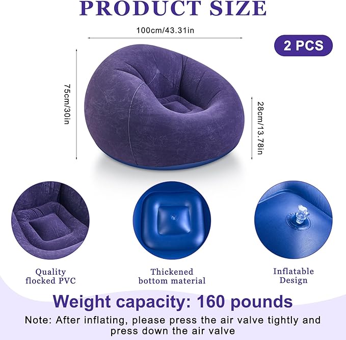 Realspring 2 Pcs Inflatable Bean Bag Chairs with Electric Air Pump Outdoor Blow up Chair Inflatable Lazy Sofa Folding Portable Loungers Couch for Living Room Bedroom(Blue)