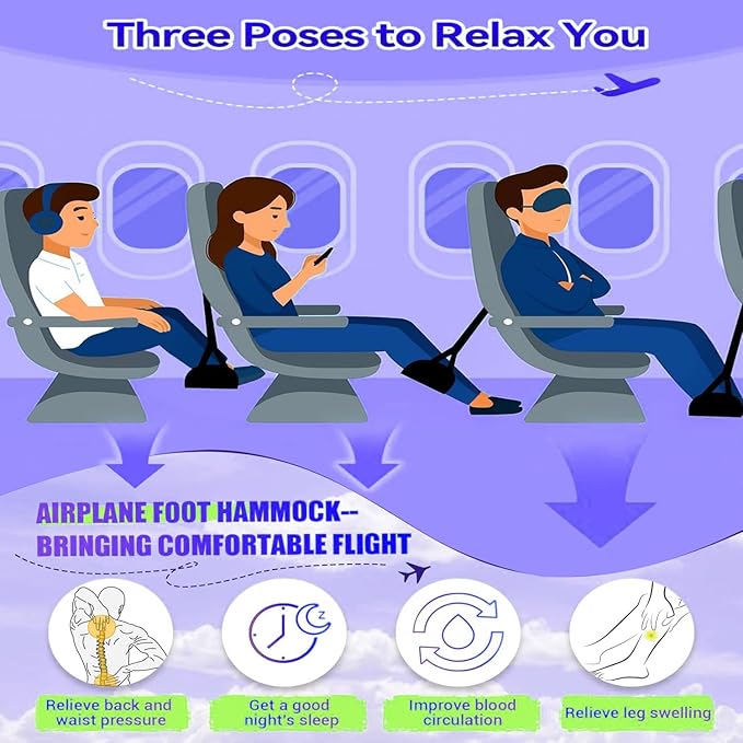 Airplane Footrest Hammock, Adjustable Portable Travel Footrest with Thickened Foam, PVC Board, Breathable Soft Lining (Blue)
