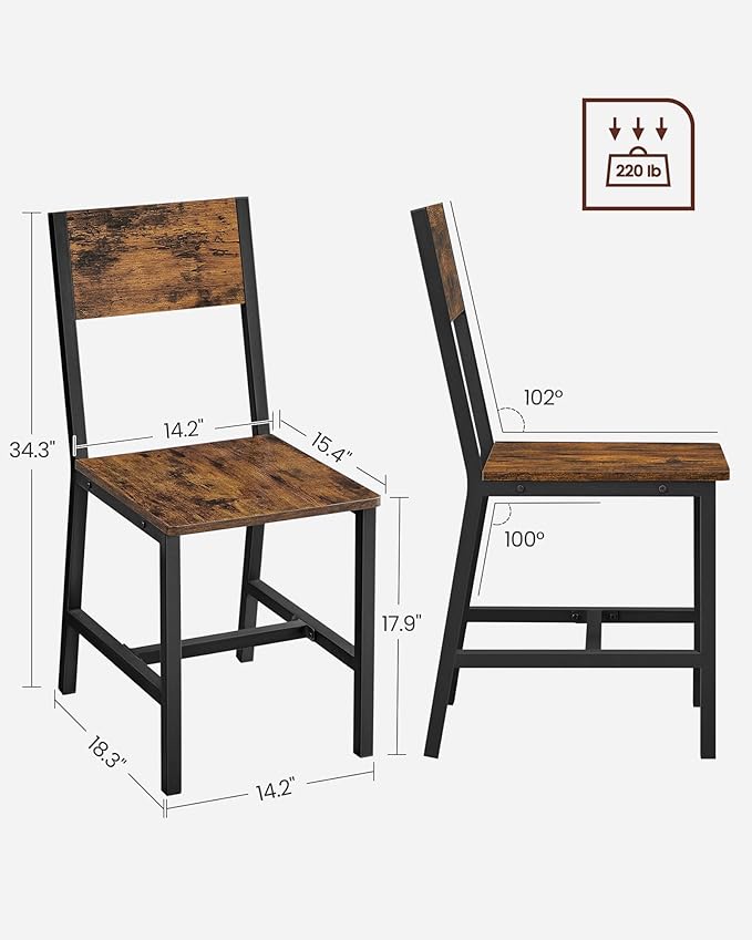 VASAGLE Dining Chair Set of 4, Rustic Wood Chairs with Metal Steel Frame, Easy to Assemble, Comfortable Seat, Modern Farmhouse Chair for Kitchen, Bedroom, Living Room, Rustic Brown and Ink Black