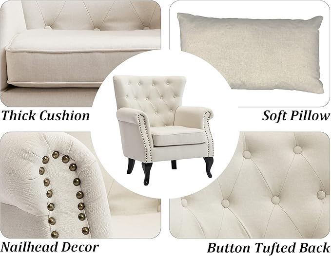 DM Furniture Mid Century Accent Chair for Living Room, Linen Fabric Button Tufted Armchair Wingback Club Chair, Modern Single Sofa Lounge Chair with Pillow for Reception/Bedroom, Beige