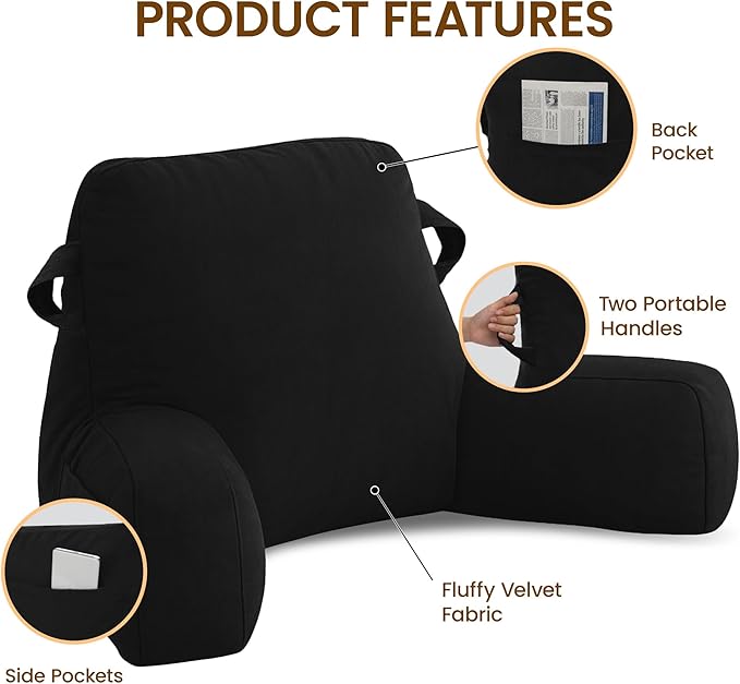 Unisakey Portable Comfy Reading Pillows for Bed Sitting Up(Black Oeko-Tex), Velvet Back Pillow with Arms & Pockets for Adults, Support Memory Foam Bed Pillow for Dorm/Reading/Watching/Gaming