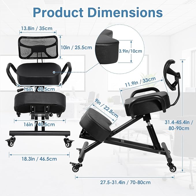Ergonomic Kneeling Chair Height-Adjustable 32.2-36.2 in Postures Chairs with Lockable Wheels and Armrests Knee Chairs can Hold Up to 220 Lbs Kneeling Ergonomic Chair for Desk Home Meditation,Black