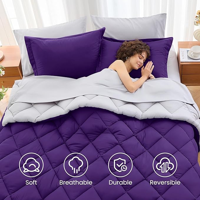 MUXHOMO 7 Pieces King Comforter Set, Reversible Bed in a Bag King Size, All Season Bedding Set with Comforter, Flat Sheet, Fitted Sheet, Pillowcases & Shams, Purple & Lavender