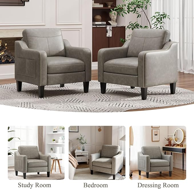 MALOL PU Leather Accent Chair Set of 2, Mid-Century Modern Living Room Armchair Sofa with Removable Cushions, Solid Wood Frame & Stitched Armrest Design, Bedroom Chair with Plastic Legs, Grey