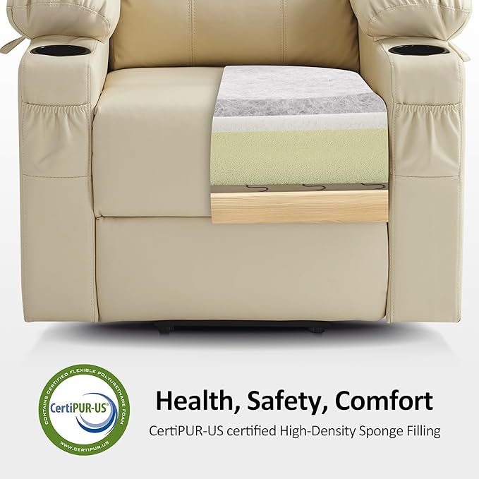 MCombo Large Power Lift Recliner Chair with Massage and Heat for Tall Elderly People, 3 Positions, Cup Holders, and USB Ports, Faux Leather 7516 (Large, Cream White)