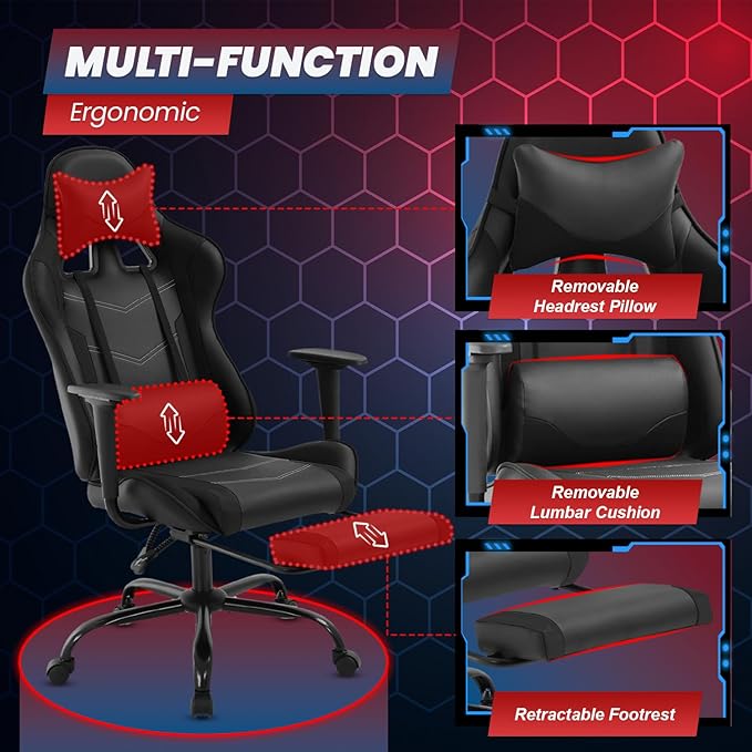 BestOffice | Ergonomic Gaming Chair | Dark Black | Reclining Computer Chair with Lumbar Support, Headrest Pillow, Adjustable Footrests | 360 Swivel with Heavy Duty Wheels | for Home & Office