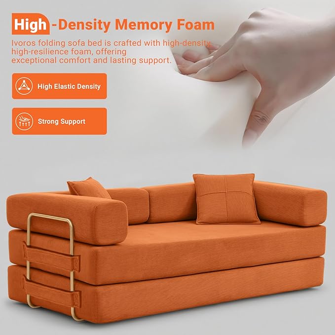 78" Convertible Sleeper Sofa Bed, Corduroy Folding Sofa Bed with Fixed-Shape Frame, Fold Out Floor Mattress Couch, Lazy Compression Sofas for Living Room, Bedroom, No Assembly Required, Orange