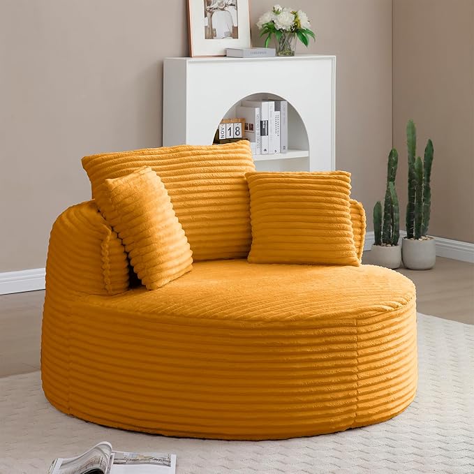 53"W Oversized Round Chaise Longue Chair Indoor,Corduroy Fluffy Comfy Cloud Chair,Circle Bean Bag Sofa with Foam Filling & Pillows,Boneless Reading Cozy Sofa Chairs for Living Room,Bedroom,Yellow
