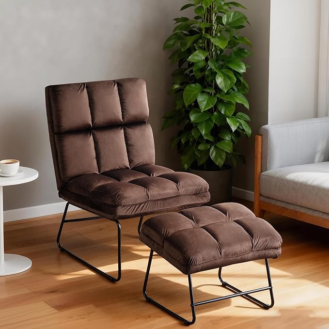MCombo Velvet Accent Chair with Ottoman Set, Modern Armless Chair for Living Room, Bedroom, Small Space 0014 (Velvet, Brown)