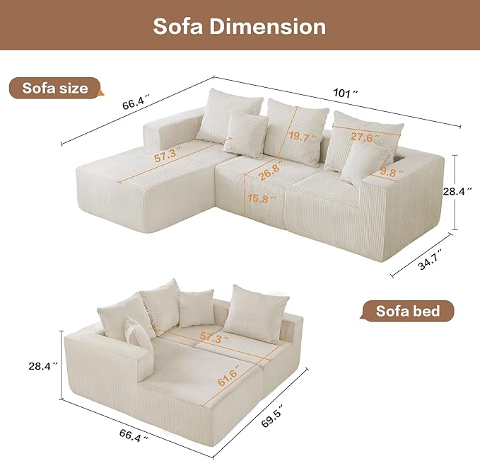 101" Cloud Couch for Bedroom,Boneless Couch with Oversized Chaise,4-Seat Chenille Deep Seat Sofa with 5-Pillows for Living Room,Corduroy Sofa in A Box,Beige