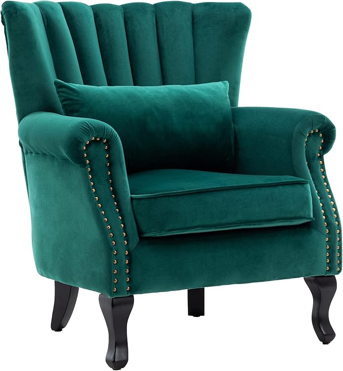 DM Furniture Velvet Accent Chairs Set of 2 with Arm Comfy Living Room Chair Mid-Century Modern Wingback Side Chair Single Sofa Couch for Bedroom Guest Room, Green