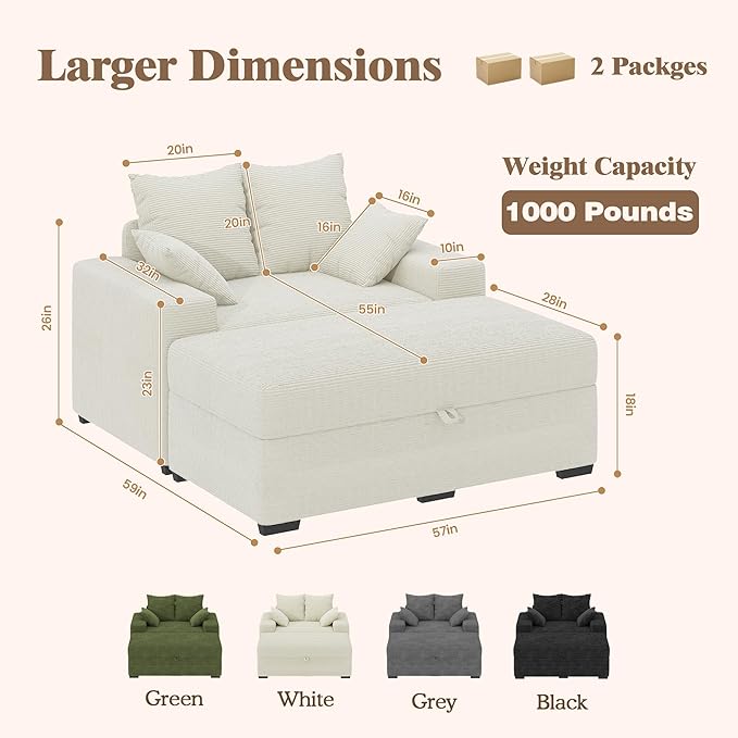 Indoor Chaise Lounge Chair with Storage Ottoman, Modern 60-Inch Lounge Sofa Chair with Wide Armrests & 4 Pillows, Oversized Comfy Reading Lounger for Living Room, Bedroom（Medium-Rib Corduroy Beige）