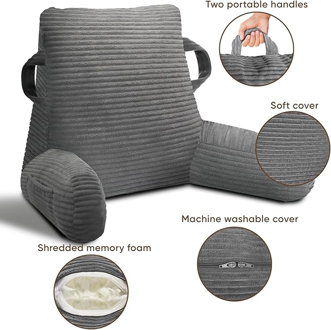 ABROLOY Reading Pillow for Sitting in Bed Adult, Bed Reading Pillow with Shredded Memory Foam, Back Pillow for Sitting with Arms and Pockets, Gery
