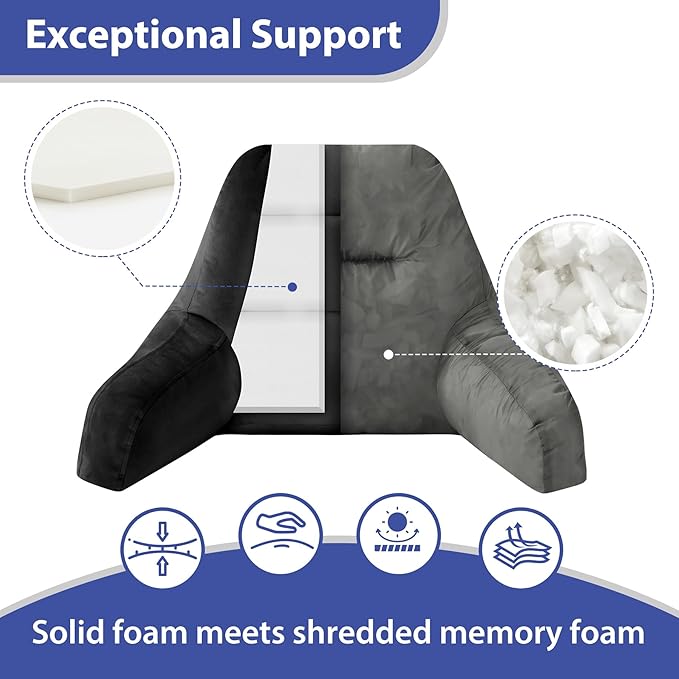 IASEAHK Reading Pillows for Sitting in Bed Adult, Back Pillow for Bed Sitting Up, Backrest Pillows with Shredded Foam for Adult&Teens, Support Pillow with Arms for Beds, Couch, Floor, 20in, Black