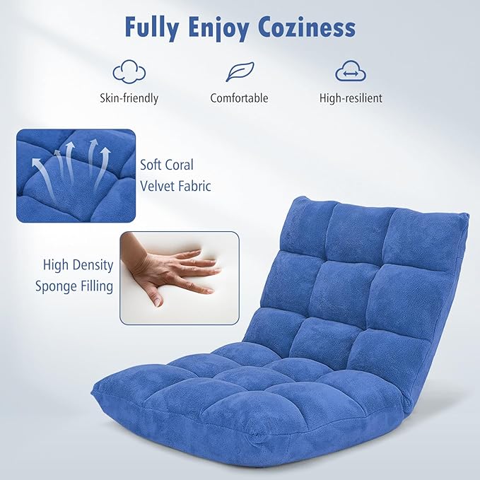 Giantex Floor Chairs, Floor Gaming Chair with Back Support, Coral Velvet, 14 Adjustable Position, Thick Sponge Padding, Floor Seating Lounge for Reading, Watching TV, Meditation, Gaming Chair Floor