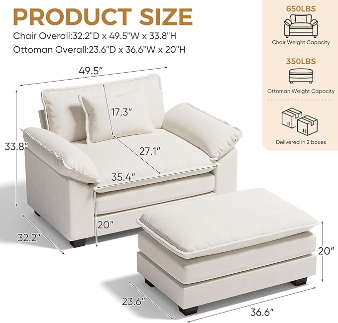 HUSFU Oversized Accent Chair with Ottoman, Cloud Couch Chair with Deep Seat and Extra Wide Armrests, Comfy Reading Armchair for Bedroom, Living Room, Set of 2, Beige