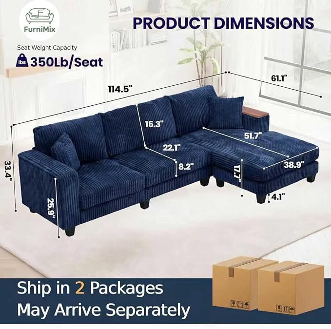 FurniMix 4-Seat Corduroy Sectional Sofa with Swappable Chaise, Soft Upholstery, Wide Seats & Armrest Storage,Blue