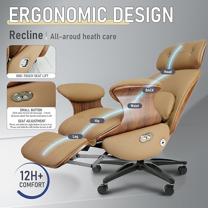 Genuine Leather Office Chair with Electric Reclining, Footrest, Lifting and Massage Function, 350lbs Capacity Ergonomic Executive Chair with Alu Base and 360° Wheels for Home Living Room