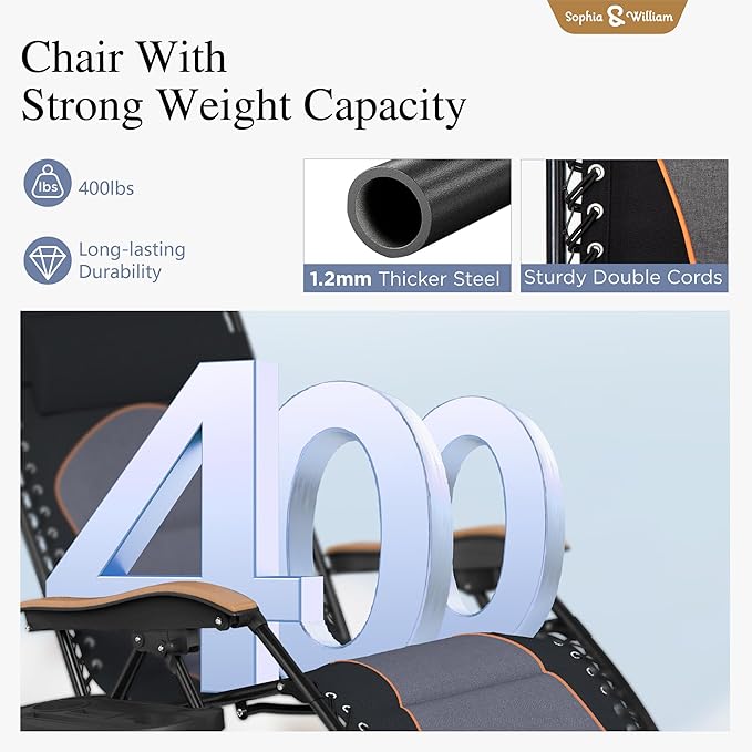 Sophia & William Oversized Zero Gravity Chair Padded, Folding Lounge Chair with Wide Armrest and Cup Holder, Support 400 LBS, Black