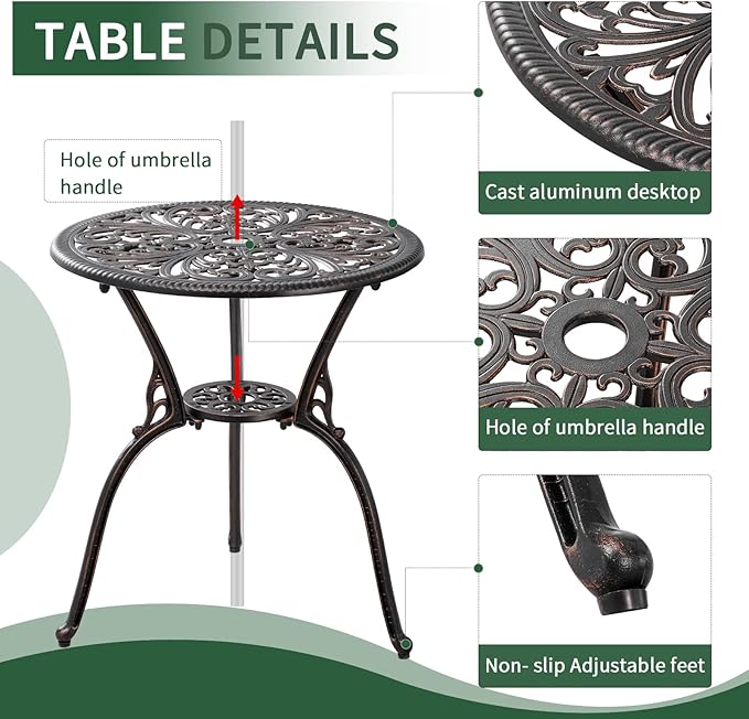 Withniture Outdoor Bistro Set 3 Piece Patio Bistro Set with Umbrella Hole, Weather Resistant Bistro Table and Chairs Set of 2 for Porch Garden, Bronze