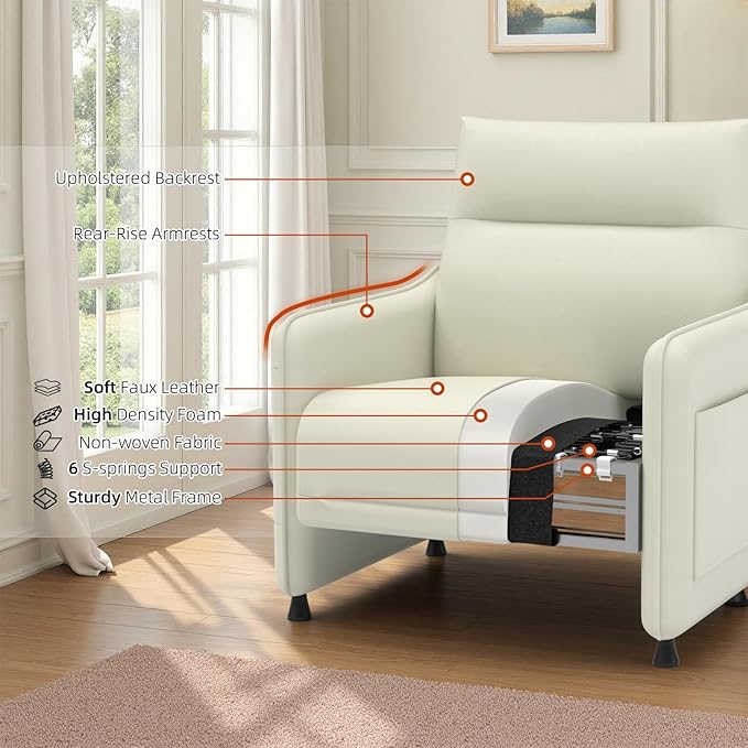 Tbillionnext Upholstered Accent Sofa, Modern Faux Leather Sofa Chair with Hidden Foldable Tray & Side Pocket, Rear Contour Arm Design, Small Accent Sofa for Bedroom, Beige