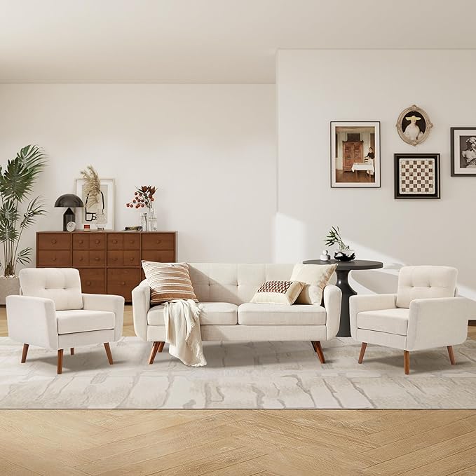 Tbfit Linen Fabric Single Sofa, Accent Chair, Mid Century Modern Armchair for Living Room, Bedroom Button Tufted Upholstered Comfy Reading Sofas, Beige | linen fabric, button tufted, solid wood foot, pocket spring, wood slats frame