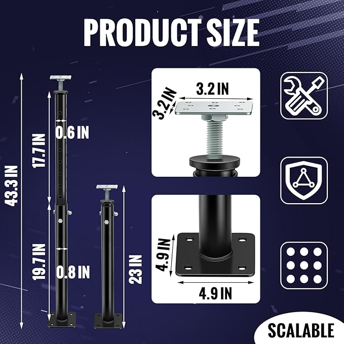 Yaocom 1 Pack Winter Adjustable Floor Jack Post Basement House Floor Jack Steel Support Jacks Post Pole for Porch Roof Deck Heavy Load Areas, 23.23"-43.31" Adjustable Height, Black