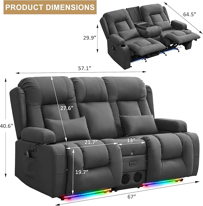 URRED Loveseat Recliner Sofa with Massage and Heat, Power Reclining Loveseat Sofa RV Couch with Console, Home Theater Seating with LED Lights, Bluetooth Speakers, USB, Outlets, Leathaire Gray