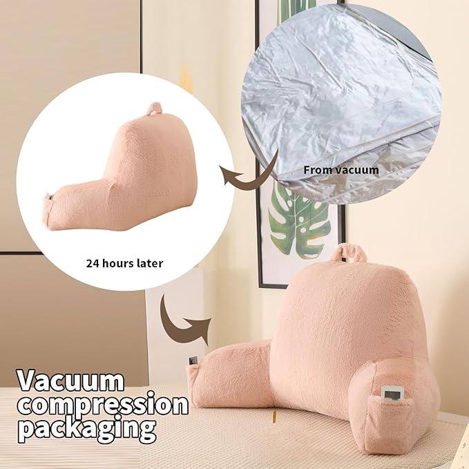 PAJEO Reading Pillow for Sitting in Bed, Large Backrest Reading Pillow with Arm Rest,Back-Rest Support Cushion for Sit Up on Couch, Sofa, and Floor, Dorm Essentials (Shell Pink Faux Fur, Large(19"))