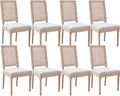 CIMOTA Farmhouse Dining Chairs Set of 8, French Rattan Dining Room Chairs with Rectangle Back/Distressed Wood Upholstered Vintage Side Chairs for Kitchen/Restaurant, Linen Beige/8PCS