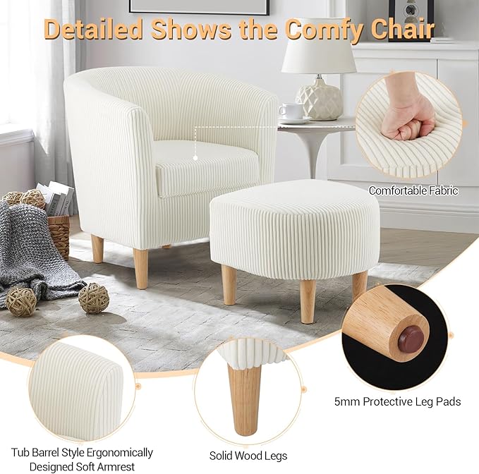 DAZONE Accent Chairs Set of 2 - Mid Century Modern Comfy Armchair with Ottoman, Corduroy Upholstered Living Room & Reading Room Chair in Ivory