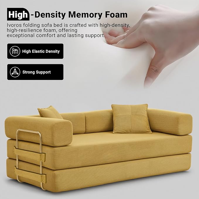 78" Convertible Sleeper Sofa Bed, Corduroy Folding Sofa Bed with Fixed-Shape Frame, Fold Out Floor Mattress Couch, Lazy Compression Sofas for Living Room, Bedroom, No Assembly Required, Yellow