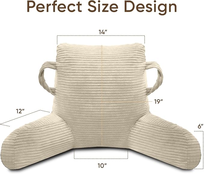 ABROLOY Reading Pillow for Sitting in Bed Adult, Bed Reading Pillow with Shredded Memory Foam, Back Pillow for Sitting with Arms and Pockets, Beige