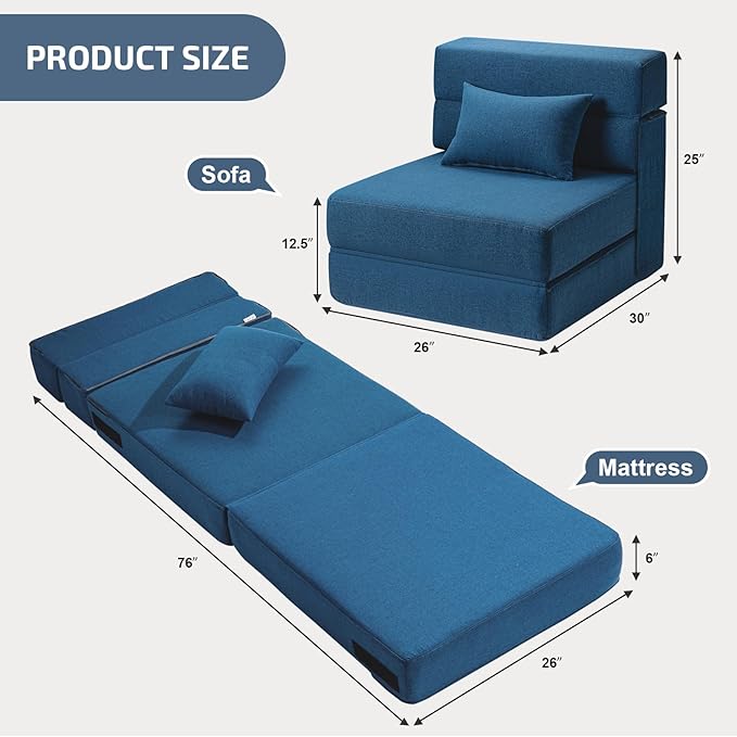 Folding Sofa Bed with Pillow- Convertible Chair Floor Couch & Sleeping Mattress, Foldable Memory Foam Sleeper for Living Room/Dorm/Guest Room/Home Office/Apartment/Loft, Single26, Indigo