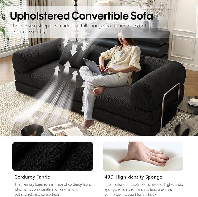 YUODL 78.8" Modular Sofa Bed - 4-in-1 Convertible Design with Corduroy Fabric and High Density Sponge, Removable Cover and Fixed Frame