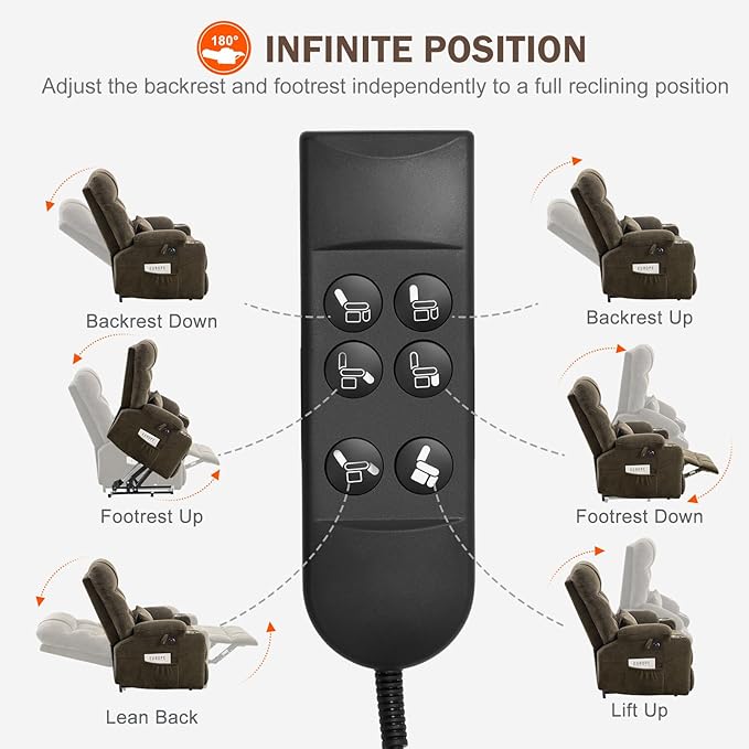 CDCASA Oversized Dual Motor Lay Flat Power Lift Recliner Chair with Massage, Heating, Textile Infinite Position Large Recliner Chairs for Big & Elderly People, USB & Type-C Ports,2 PCS, Brown