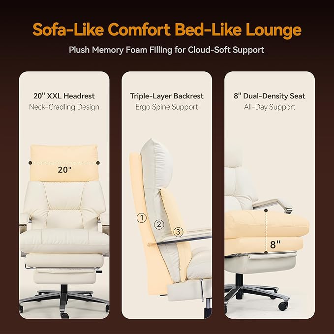 M76 Recline Office Chair with Footrest, 160° Infinite Reclining 10" Thick Executive Desk Chair, 420lb Heavy Duty Big and Tall, Adjustable Seat Depth, Cream