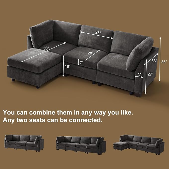 EDILLY 94 inches Oversized Modular Sectional Fabric Cloud Sofa Set, Extra Large L Shaped Couch Reversible Chaise Couch,2 Seat Modular Sofa with Storage Ottoman,Grey