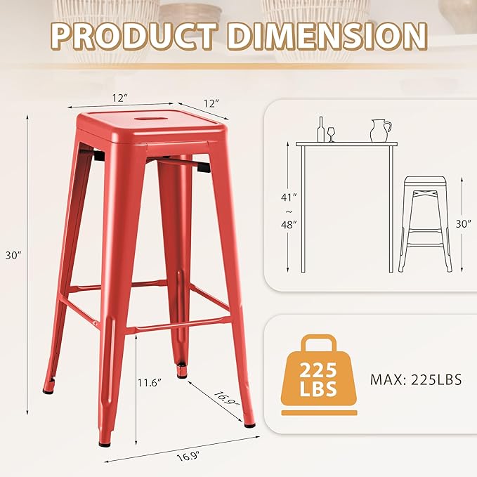 Furmax 30 Inch Metal Bar Stools Set of 4, Counter Height Backless Stools, Industrial Bar Chairs Patio Stool Stackable Backless Stool for Kitchen/Dining Room/Bistro/Patio Indoor Outdoor (Red)