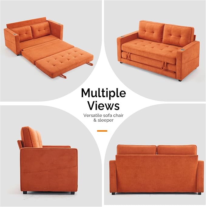 VINGLI Sofa Bed Full Size Pull Out Couch Bed Burnt Orange Futon Couch 64" W 84" L Loveseat Sleeper Floor Couches for Living Room Convertible Loveseat Sofa Foldable Sofa Bed