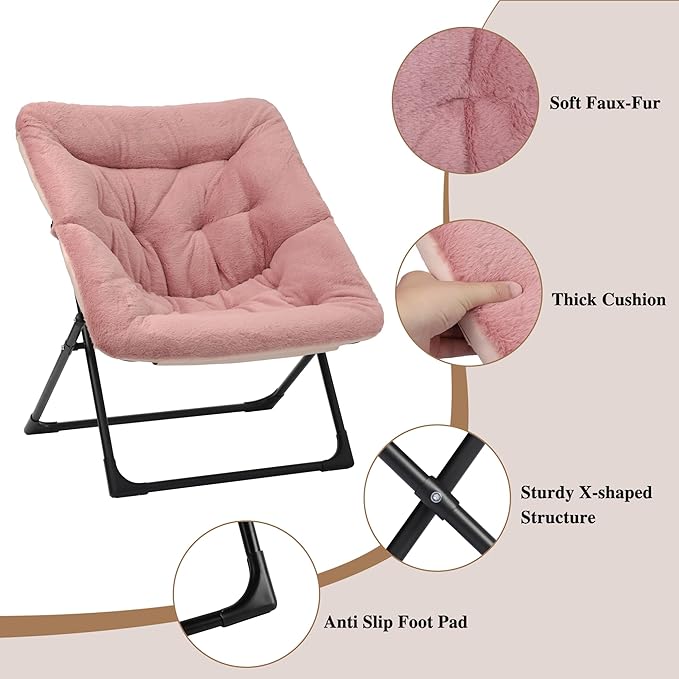Comfy Saucer Chair for Adults, Soft Faux Fur Bedroom Chair, Accent Dorm Chairs, Flexible Living Room Reading Chairs, Oversized Folding Lounge Seat for Teens, X-Large, Dusky Pink