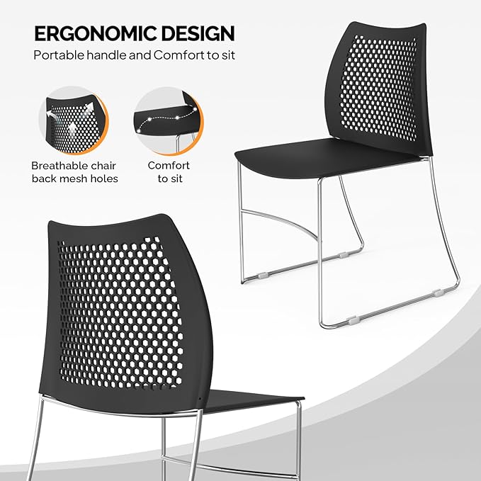 VINGLI Stacking Chairs Set of 12 Stackable Office Chairs with Metal Sled Base, Ergonomic Plastic Seat & Holes Back, Stacking Chairs for Waiting Room Break Room Banquet Guest, Black