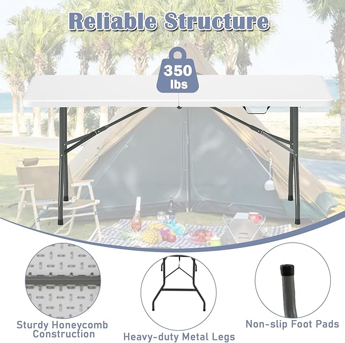 Tangkula 6 FT Folding Table, Indoor Outdoor Foldable Plastic Table with HDPE Tabletop, Sturdy Metal Fame, Carrying Handle, Heavy Duty Portable Fold-in-Half Picnic Table for Camping BBQ Party