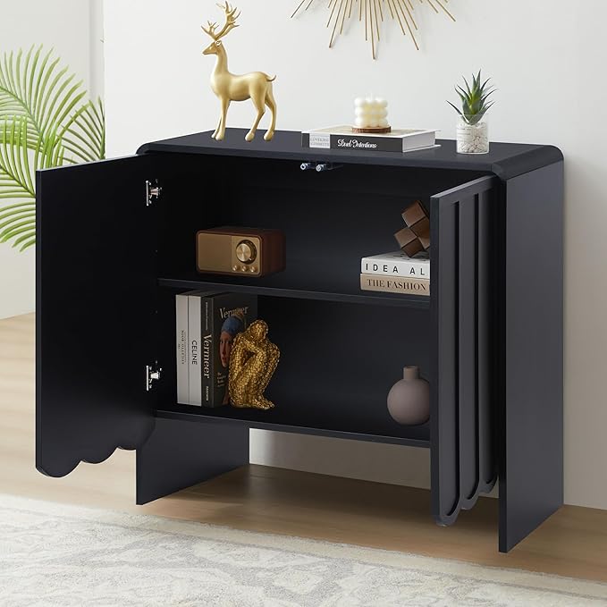ORRD Sideboard Buffet Cabinet Set of 2, Accent Storage Cabinet with 2 Doors, Farmhouse Wood Cabinet with Adjustable Shelves and Wave Panel for Living Room, Dining Room, Entry - Black